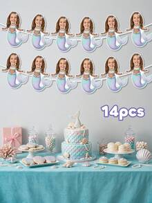 7/14/21pcs Customized Mermaid Theme Face Photo Banner, Personalized Birthday Party Backdrop Wall Hanging, Underwater Scene Happy Birthday Party Decoration, Birthday Gift - Blue - View 21