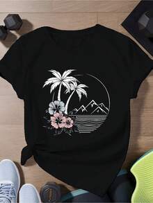 1 camiseta blanca con estampado de palmeras - top holgado de manga corta y cuello redondo, diseño geométrico de palmeras, adecuada para ropa casual de playa y atuendos diarios, camiseta cómoda lavable a máquina, 180g 100% algodón. - Negro - Ver 1