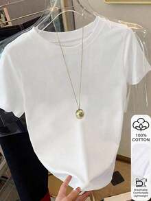 Camiseta de manga corta de cuello redondo de unicolor para uso diario casual de mujer - Blanco 2 - Ver 1