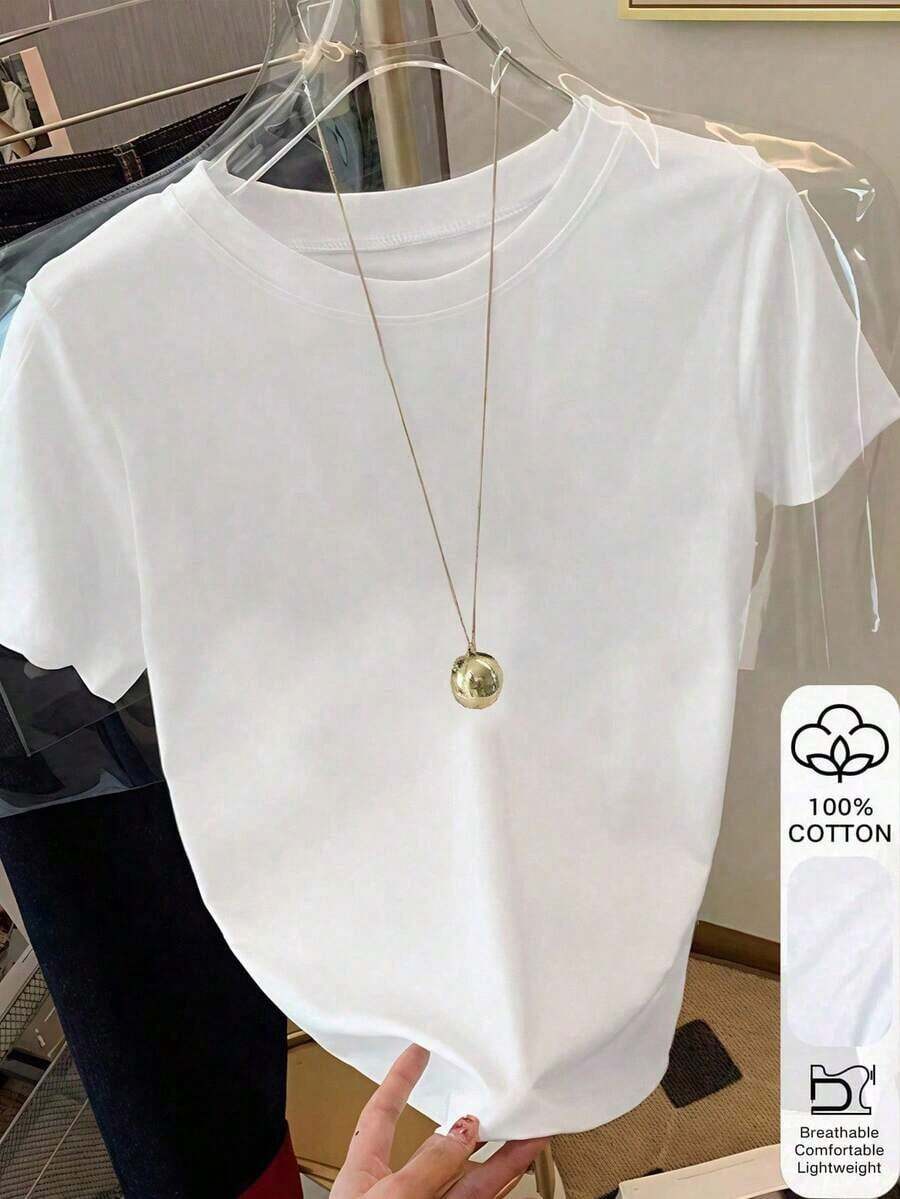 Camiseta de manga corta de cuello redondo de unicolor para uso diario casual de mujer - Blanco 2 - Ver 1