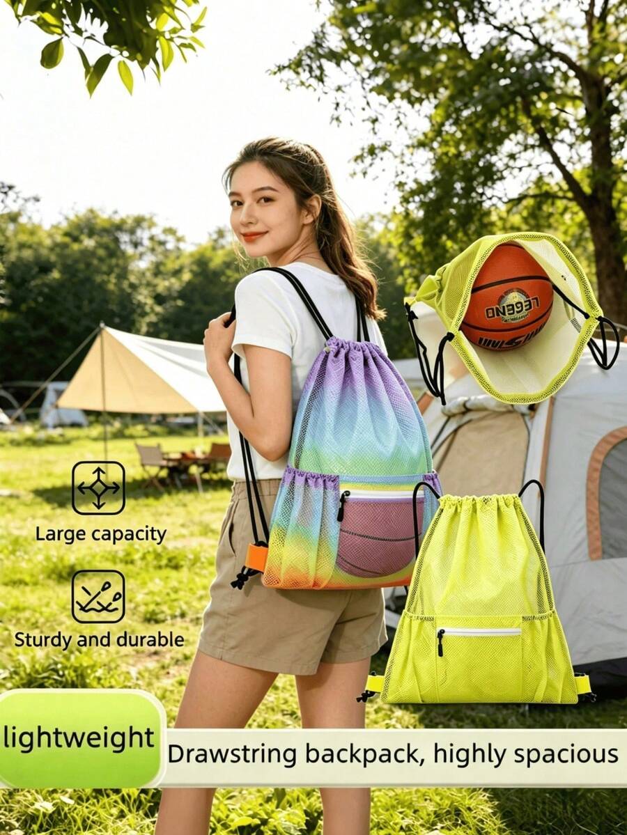 Ombre Rainbow/Green Mesh Drawstring Backpack, Summer Breathable Beach Bag, Large Capacity Lightweight Gym Swim Drawstring Bag, Dual Use As Backpack & Drawstring Bag, Suitable For Sports, Beach, Commuting, Student Travel, Unisex