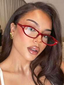 Small Frame Cat Eye Glasses Frame For Women, European And American INS Style Glasses, Korean Letter α Minimalist Glasses Frame, - Red - View 3