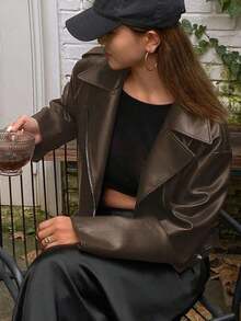 Chaqueta de motociclista de ajuste holgado para mujer, unicolor, ropa de otoño - Marrón - Ver 3