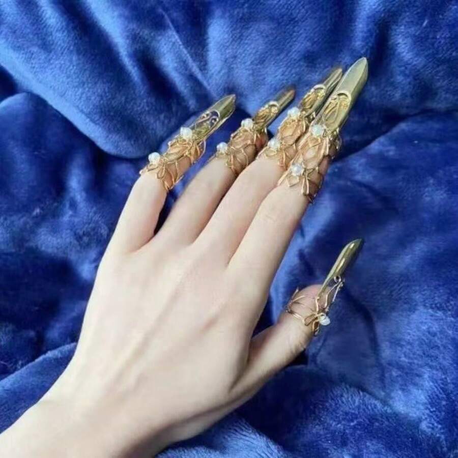 2pcs Chinese Style Adjustable Finger Armor Rings, Vintage Decorative Nail Rings - Multicolor - View 1