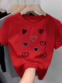 Camiseta para mujer de 100% algodón, suave y cómoda de manga corta y cuello redondo con estampado de corazones con diferentes texturas Día de San Valentín Festividades Día del amor y amigo 14 Febrero-Vintage Street Style Unisexoose Cotton Short Sleeve Crew Neck T-Shirt - Rojo - Ver 6