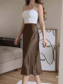 negro elegante de talle alto con abertura alta y botones para mujer, primavera - Café integral - Ver 4