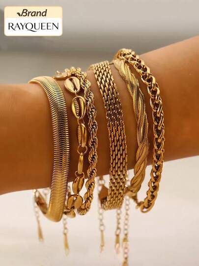 RAYQUEEN Stainless Steel Fashionable Multi-Style Chain Bracelets, Suitable For Daily Wear, Gift For Holidays