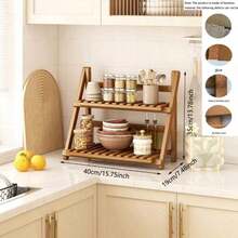 BZP9 1 pieza Organizador de estante plegable de bambú para encimera de cocina, estantería de almacenamiento multifunción compacta para uso doméstico - Marrón 50 cm - Ver 4