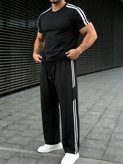 1 Set Men's Loose Fit Casual Sports T-Shirt And Pants Set, Solid Color Striped, Suitable For Outdoor, Commuting, Vacation, Sports, Fitness, Jogging, Hiking, Training