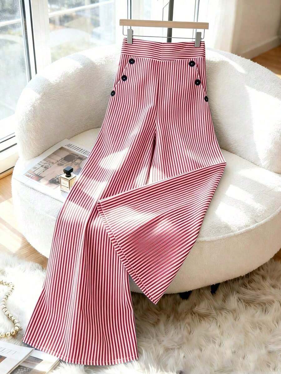 Nuevos pantalones de estilo coreano de primavera/verano, minimalistas y elegantes, de lino a rayas azul y blanco, de cintura alta, estilizadores, de pierna recta y sueltos, informales para mujer - Rojo - Ver 1