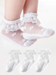 3 Pairs Baby Summer Mesh Socks, Children Breathable Lace Trim Socks, Princess Style Lace Socks - White - View 10