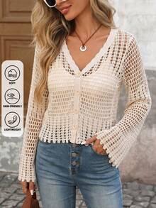 Bohemian Style V-Neck Plaid Hollow Out Ruffle Hem Cover Up - Summer Flare Sleeve Loose Sun Protection Shawl - Apricot - View 3