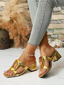 1 Pasang Sandal Hak Tinggi Wanita Warna Polos Motif Geometris Berongga yang Lucu & Modis, Cocok untuk Pantai, Pesta, Pernikahan, Liburan Musim Panas - Emas - View 2