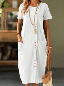 Faunlyn Vestido de bolsillo doble con botones frontales de unicolor para vacaciones casual - Blanco - Ver 7