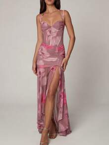 Women's Short Printed Strappy Dress - High Waist With Side Slit, Beachy Holiday Style - New Arrival Summer 2026 - 粉色 - 查看 7