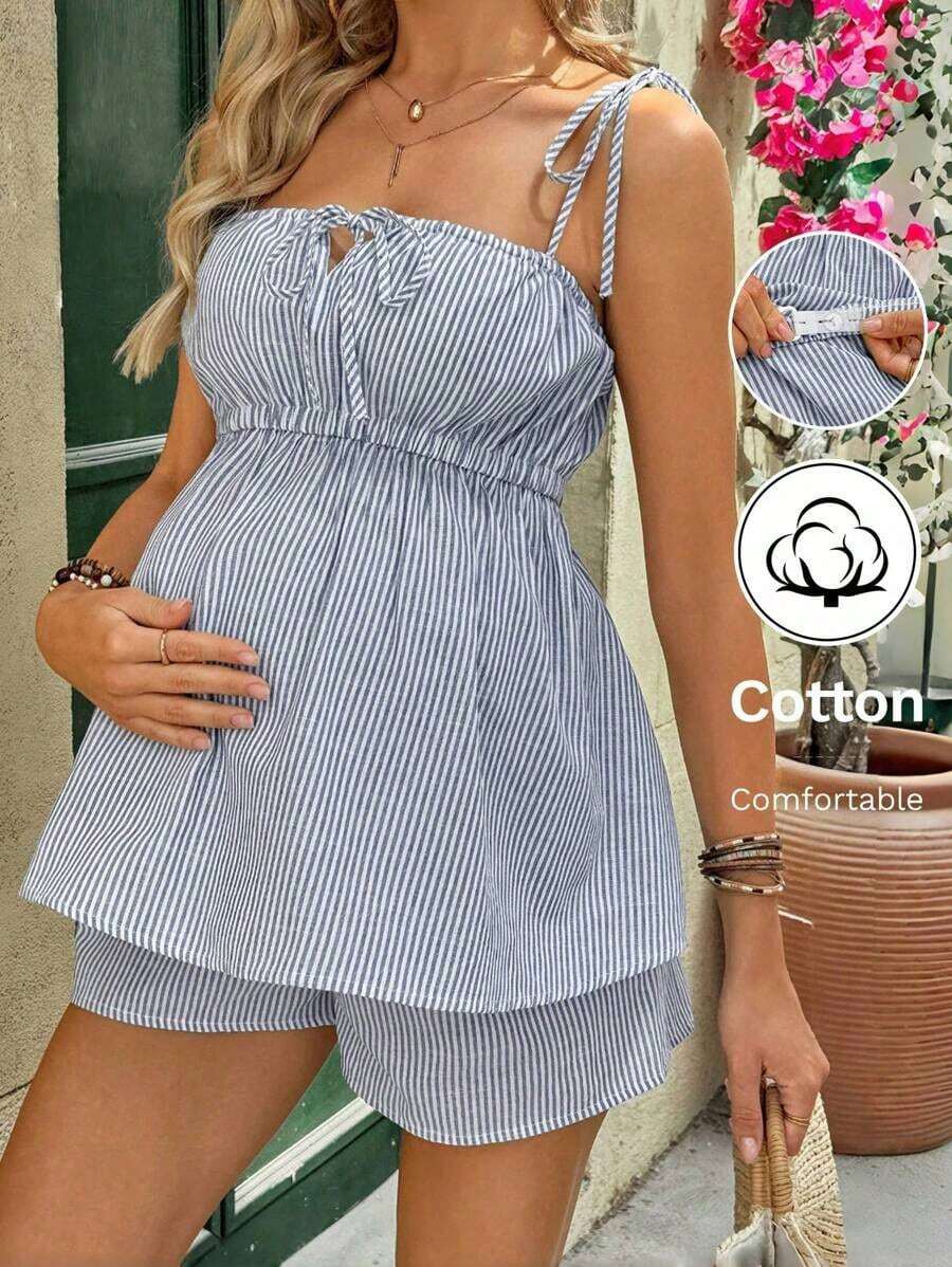 Set casual de 2 piezas de top de tirantes con nudo delantero a rayas y shorts con cintura ajustable para maternidad - Azul marino 2 - Ver 1
