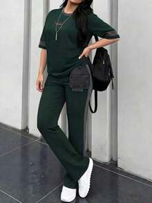 2 piezas Conjunto de camiseta de manga corta de cuello redondo y pantalones sueltos de cintura elástica para mujer, uso diario casual, negro, verano - Verde oscuro 24 - Ver 3