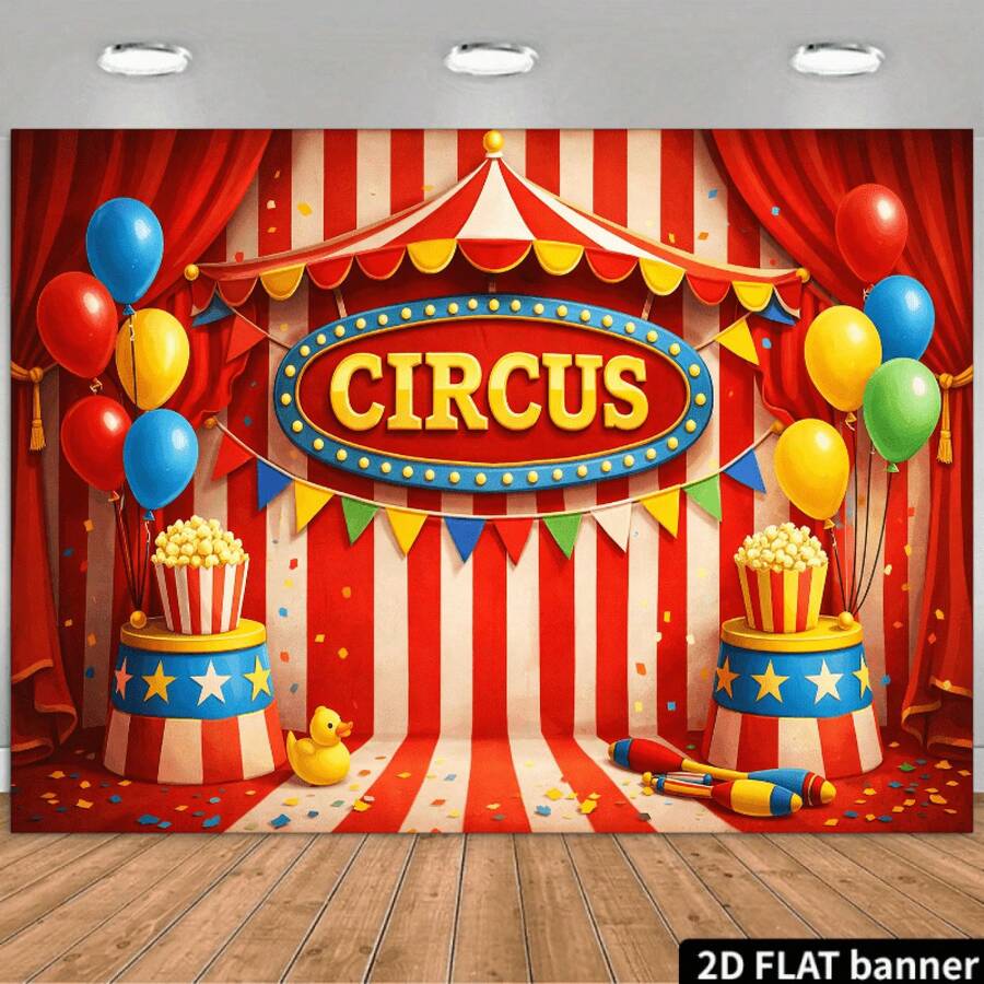 Circus-Themed Backdrop With Red & White Striped Tent, Balloons, Popcorn Buckets & CIRCUS Sign - Lightweight Suitable For Birthdays, Weddings, Graduations, Photo Booth Backgrounds - No Power Required For /, 2D Flat, Home Decor, Room Decorations, Birthday Backdrops, Party Backdrops, Birthday Tapestries, Party Wall Hangings, Birthday Decorations, Wall Decorations, Party Backdrops, And Supplies Or Gifts. - Nhiều màu - Xem 1