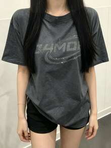 Women's Loose Sequin Letter Print Drop Shoulder T-Shirt, Summer Casual - Dark Grey - View 5
