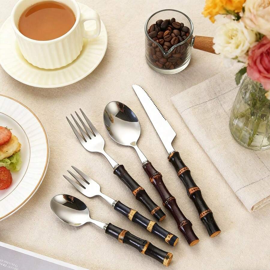 2/4/12pcs Natural Bamboo Handle Stainless Steel Flatware Set, 4-Piece Knife Fork Spoon Set, Stainless Steel, Non-Slip Grip, Suitable For Various Occasions, Vintage Bamboo Knot Design, Elevates Dining Experience