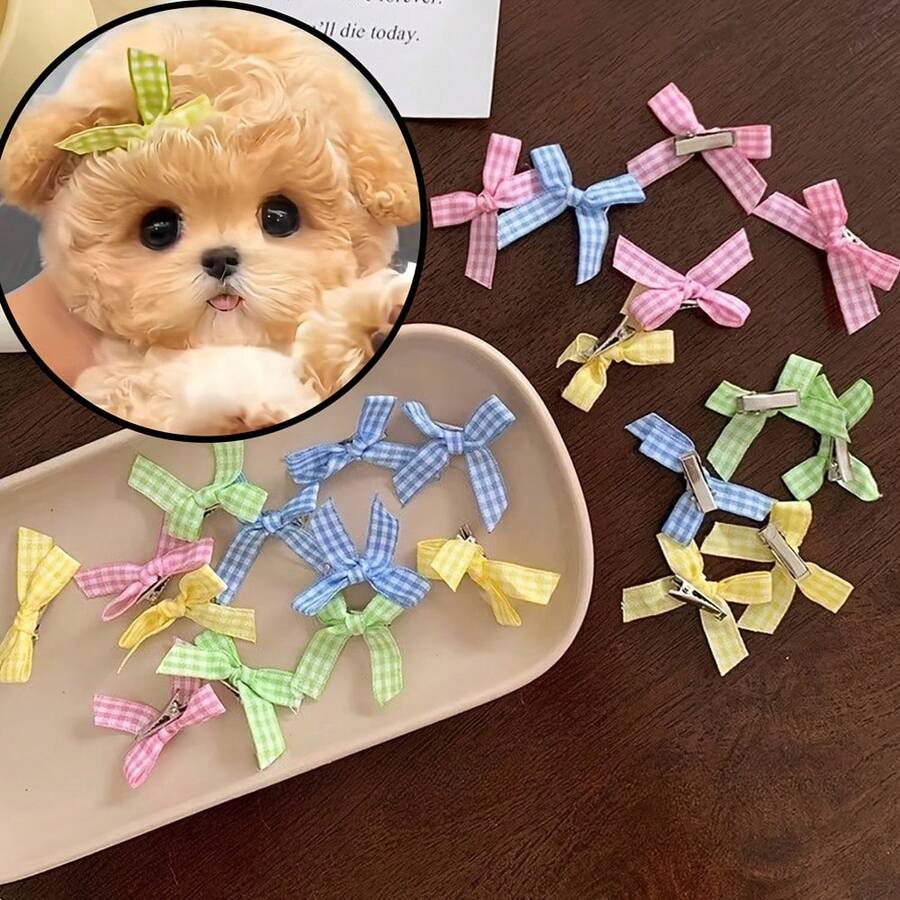 27 chiếc | Kẹp tóc hình nơ kẻ caro dễ thương cho chó/mèo - Kẹp mỏ vịt nhiều màu sắc dùng để chăm sóc thú cưng - Nhiều màu - Xem 1