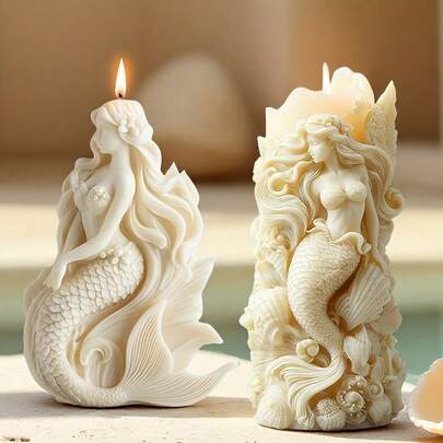 1个3D硅胶天使美人鱼蜡烛模具，精细的贝壳、头发和鳞片装饰，可重复使用，光滑内壁和坚固底座，适用于蜡烛、肥皂、树脂、粘土、石膏工艺品，是情人节、婚礼、周年纪念日、生日、家居装饰的完美DIY礼物。