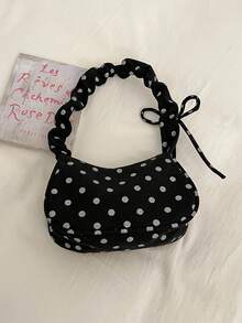 1pc Black Polka Dot Decor Corduroy Pleated Shoulder Underarm Bag For Women, Spring New Arrival - Black - View 4