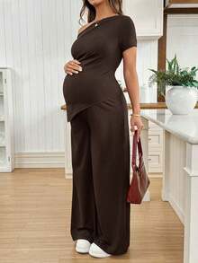 2 piezas Conjunto de top asimétrico y pantalones de unicolor casual de maternidad, verano - Marrón - Ver 6