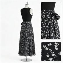 UREREM Bộ đồ hè 2 món dành cho nữ, áo tank top không tay bằng cotton kết hợp với chân váy midi họa tiết hoa nhí, trang phục đi nghỉ hè thanh lịch và thoải mái, màu đen. - màu đen - Xem 3