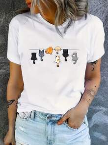 Camiseta de Mujer con Estampado de Letras de Dibujos Animados, Estilo Casual Holgado - Blanco - Ver 2