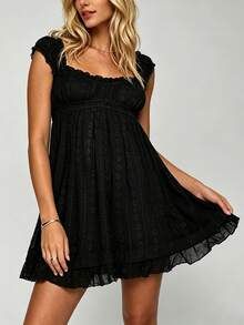Cute  Casual    Lace    Backless  Ruffle    Y2k Summer Babydoll Dress  Beach  Travel  Daily  Dating  Vacation    Summer Sundress - 黑色 - 查看 1