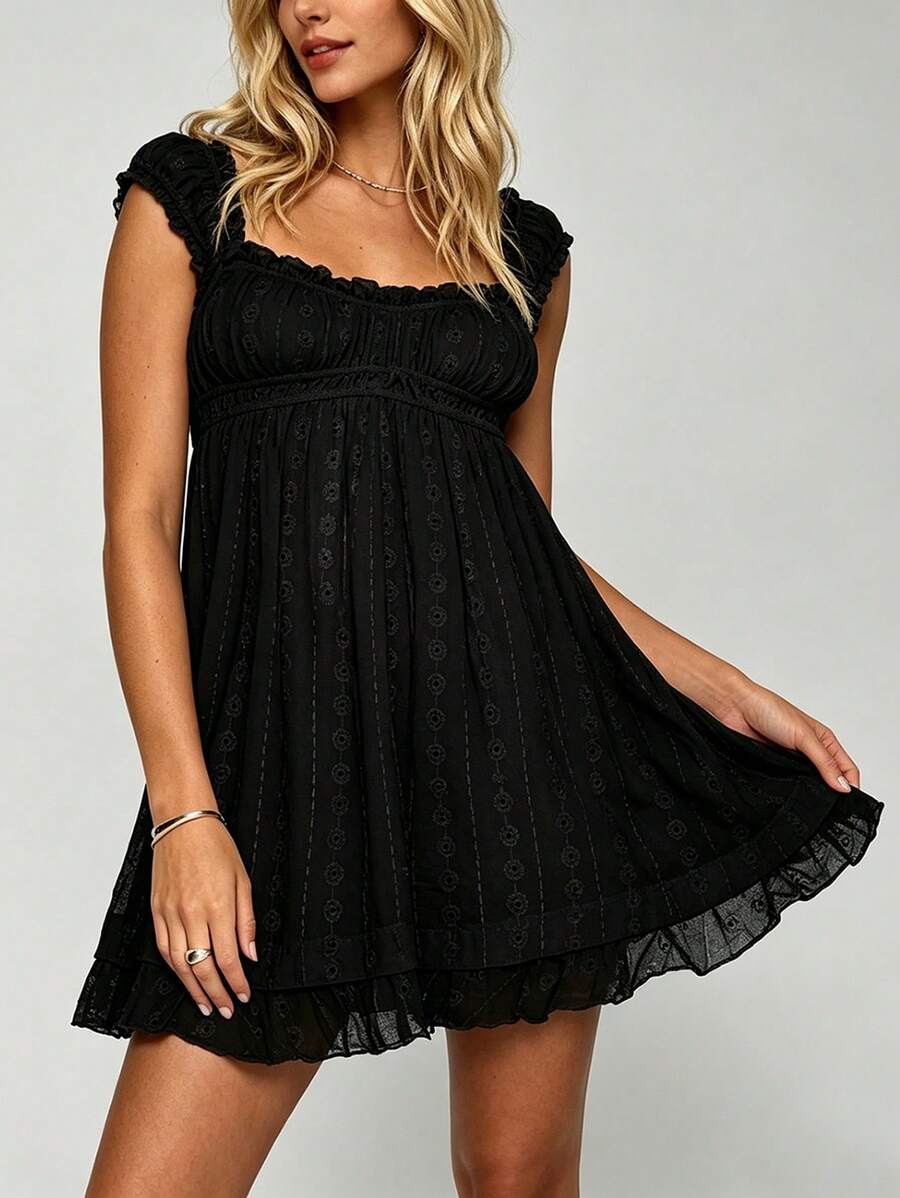 Cute Casual Lace Backless Ruffle Y2k Summer Babydoll Dress Beach Travel Daily Dating Vacation Summer Sundress - 黑色 - 查看 1
