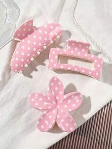 3pcs This Cherry Blossom Pink Polka Dot Checkered Semi-Circular Hair Clip Has A Retro French Style, Exuding An Elegant And Sweet Girlish Charm. It's Suitable For Everyday Wear, Work, Afternoon Tea Parties, Ponytails, Half-Updo Summer Outfits, Beach Accessories, And Summer Beach Hair Clips. - Multicolor - View 3