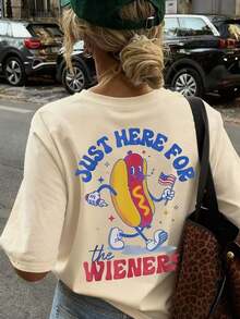 Nueva Camiseta Casual de Verano con Estampado de Pan de Hot Dog, Cuello Redondo y Manga Corta, Moderna y Versátil para Mujer - Albaricoque - Ver 1