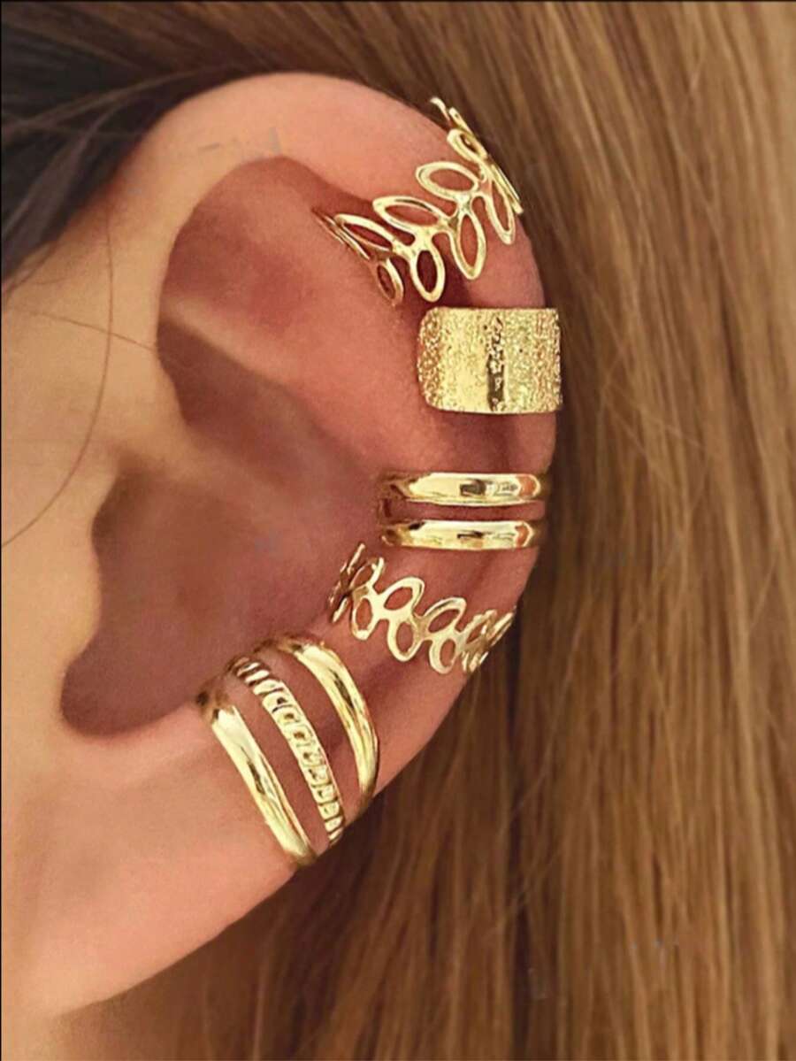 Bộ 5 khuyên tai kẹp mạ vàng hình lá, không cần xỏ lỗ tai, kiểu dáng hai lớp thời trang, khuyên tai thanh lịch dành cho nữ, quà tặng trang sức. - Vàng - Xem 1