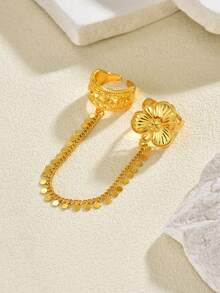 1 buah Cincin Jari Rantai Bunga yang Dapat Diatur, Berlapis Emas Tembaga Mewah, Cocok untuk Aksesori Pesta Pernikahan Wanita - Yellow Gold - View 4