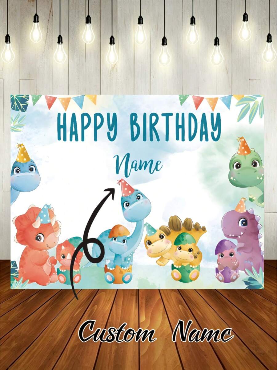 1件可定制恐龙主题生日快乐背景幕布,可爱卡通恐龙王子图案,个性化姓名设计,适用于恐龙主题生日派对装饰乙烯基横幅 - A款 - 查看 1