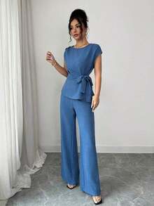 azul plisada con lazo ajustable en la cintura y pantalones anchos de tiro alto con bolsillos, conjunto elegante y casual para la oficina - Azul - Ver 7