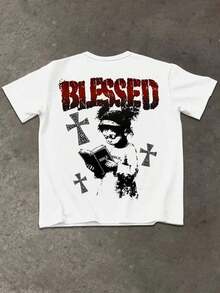 Manfinity Men's Casual T-Shirt With Cross And Letter Print, For Summer - 白色的 - 查看 5