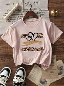 Camiseta de manga corta con cuello redondo y estampado de eslogan simple para mujer, estilo casual de verano, corte holgado, ideal para uso diario y vacaciones.Camiseta de mujer.Negro - Rosa Pálido - Ver 4