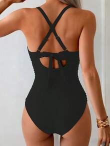 Women's One-Piece Swimsuit, Tummy Control, Front Criss-Cross Backless V-Neck Slimming Swimwear Vacation Beach Summer - Black Dots - View 6