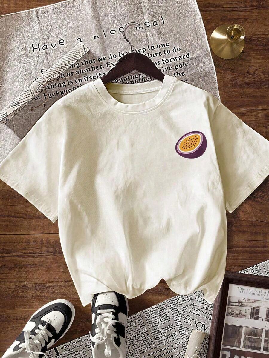 Camiseta de manga corta informal de verano con estampado de fruta y letraPure-Cotton - Albaricoque 1 - Ver 1