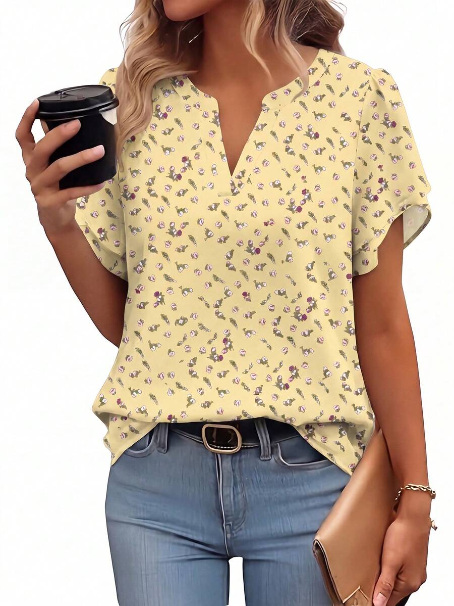 Áo sơ mi nữ tay ngắn cổ chữ V bằng vải chiffon in họa tiết, nhẹ nhàng và thoải mái, phù hợp cho công sở, du lịch, ở nhà và các dịp lễ hội, mùa xuân/hè/thu. - Màu vàng - Xem 1