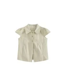 Utility Peter Pan Collar Cap Sleeve Shirt For Women, Summer Korean Retro Design 3-Button Loose Cap Sleeve Top - Khaki - View 4