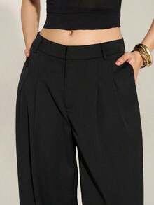 Tall Pantalones anchos de cintura alta plisados de estilo empresarial sexy y casual - Pantalones sueltos de unicolor elegante, ropa profesional de oficina, pantalones de trabajo con corte elegante para mujeres - Negro - Ver 7