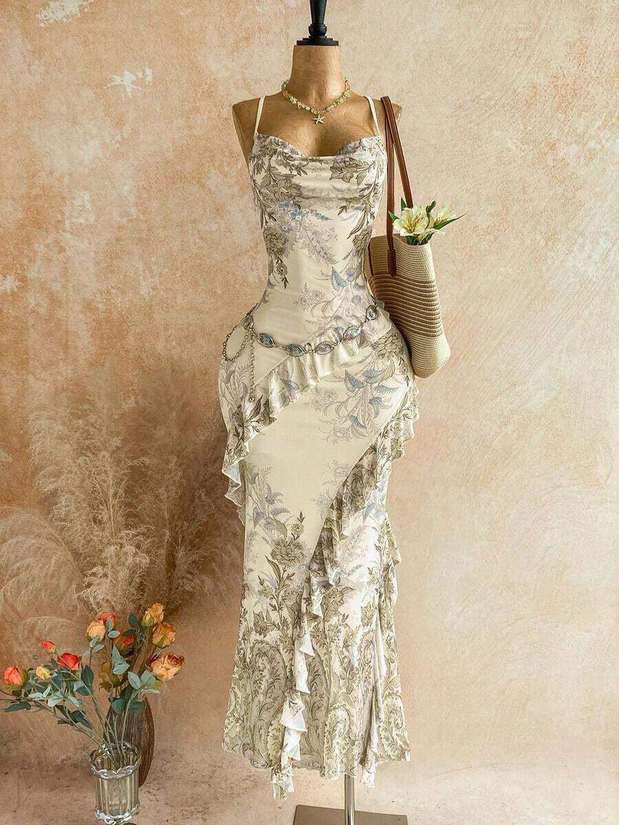 xheSoleia Vestido de mujer con estampado floral vintage colorido, cuello drapeado y volantes en el bajo, estilo vacacionalxhe - Amarillo claro - Ver 1