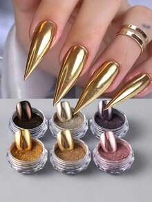 12pcs/Set Elegant Golden Metallic Nails Glitter Magic Mirror Powder Autumn Winter Reflective Glitter Dust Y2K Luxury Design Nail Art Decoration Festive Manicure - Multicolor - View 9