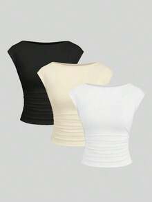 Set de 3 piezas de Top/camiseta de mujer ajustada, de manga corta, con espalda recortada, transpirable y que absorbe la humedad - Multicolor - Ver 7