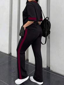 Conjunto de 2 piezas de camiseta de manga corta de cuello redondo y pantalones sueltos de cintura elástica para mujer, uso casual diario, primavera/otoño verano - Negro + Borgoña - Ver 9