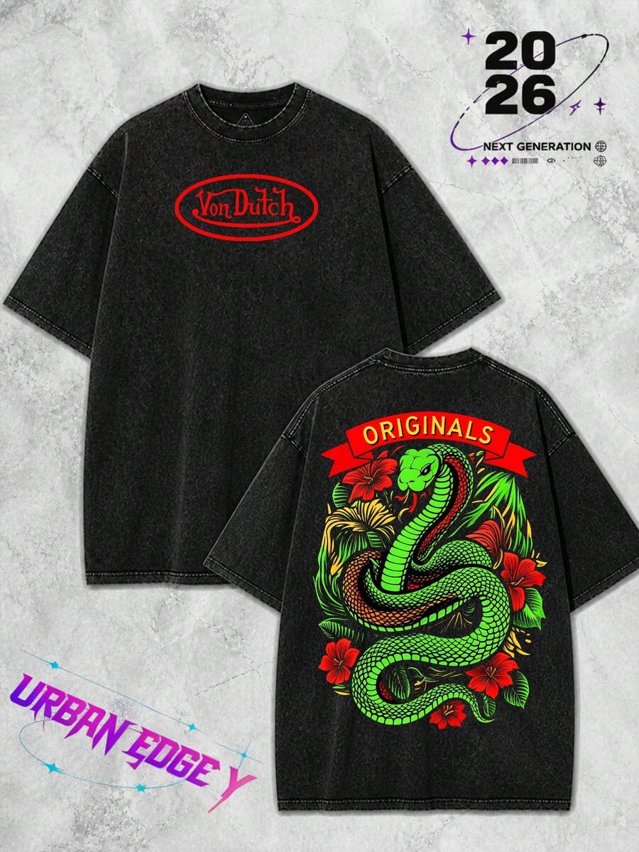 Men Washed Cotton Streetwear Brand Originals Vons Dutchs Snake And Clover Print Casual Tee For Daily Wear Outdoors | Front And Back Print | Vintage Heavyweight T Shirt | Perfect Gift | Loose Comfortable Breathable | Machine Washable Fabric | Hip Hop Cool Style | Drippy Clothes | Y2K - Black - View 1
